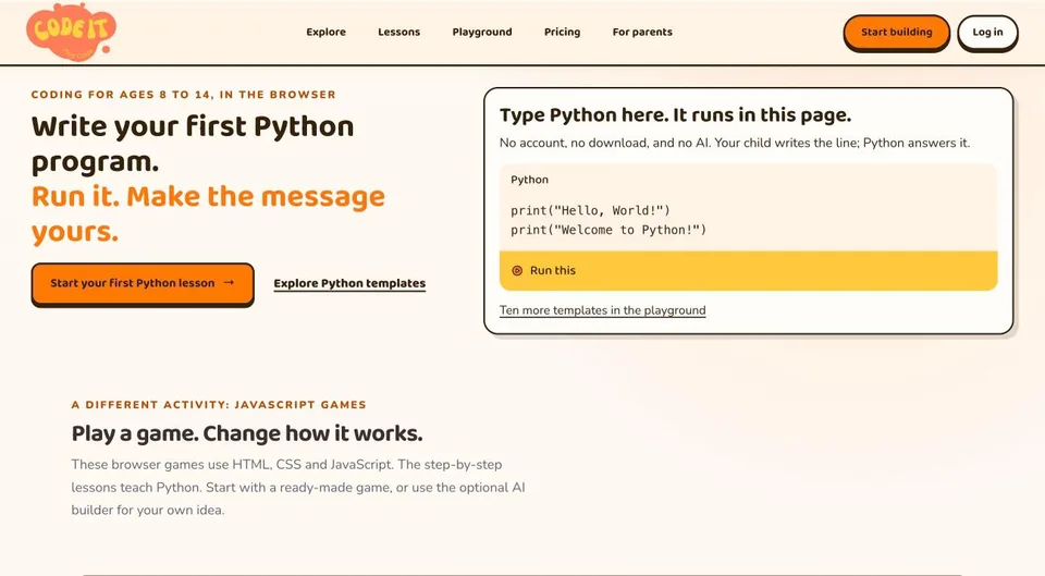 CodeIt home page with a live Python editor: Write your first Python program